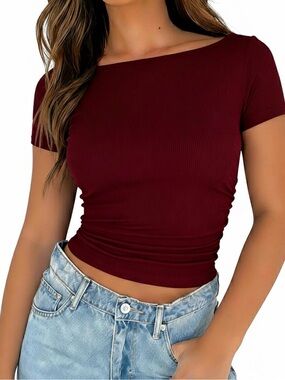 Slim Ribbed Crop Top in Burgundy